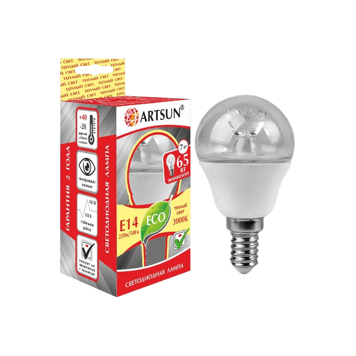 Лампа светодиодная с линзой ARTSUN LED P45 CR 7W E14 3000K