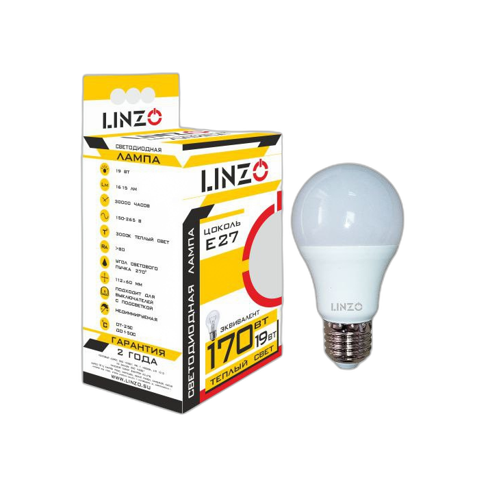 Лампа светодиодная LINZO LED A65 19W E27 3000K Лампа светодиодная LINZO LED A65 19W E27 3000K