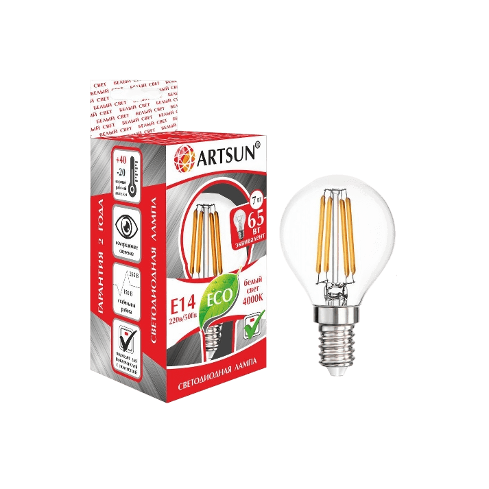 Лампа филаментная ARTSUN F-LED Р45 7W E14 3000K Лампа филаментная ARTSUN F-LED Р45 7W E14 3000K