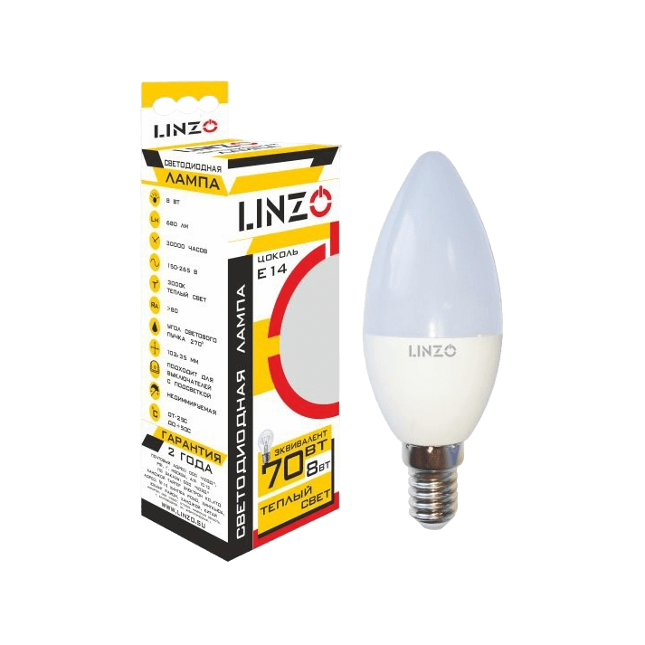 Лампа светодиодная LINZO LED B35 8W E14 3000K Лампа светодиодная LINZO LED B35 8W E14 3000K