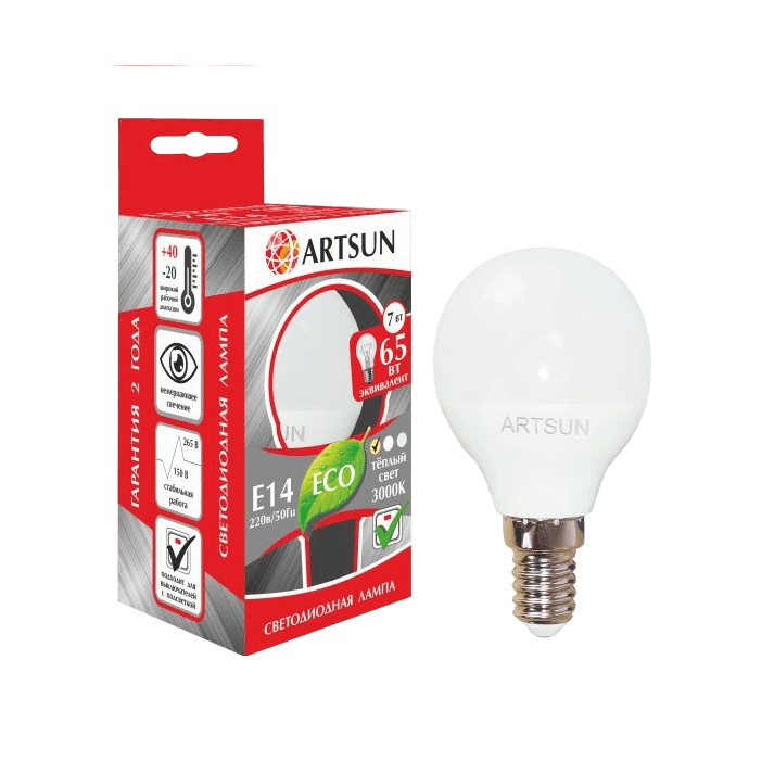 Лампа светодиодная ARTSUN LED P45 7W E14 3000K Лампа светодиодная ARTSUN LED P45 7W E14 3000K