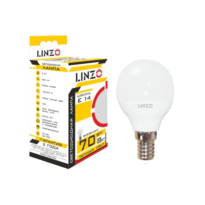 Лампа светодиодная LINZO LED P45 8W E14 3000K Лампа светодиодная LINZO LED P45 8W E14 3000K