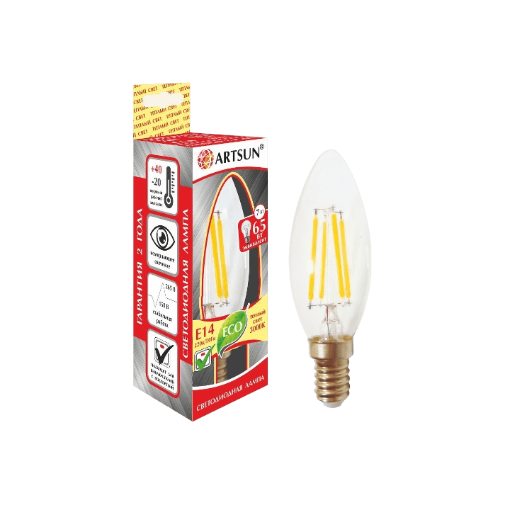 Лампа филаментная ARTSUN F-LED B35 7W E14 3000K Лампа филаментная ARTSUN F-LED B35 7W E14 3000K